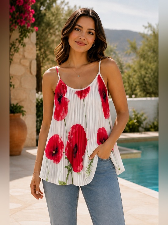 Lily Tops - Lily White Pleated Camisole with Red Floral Print